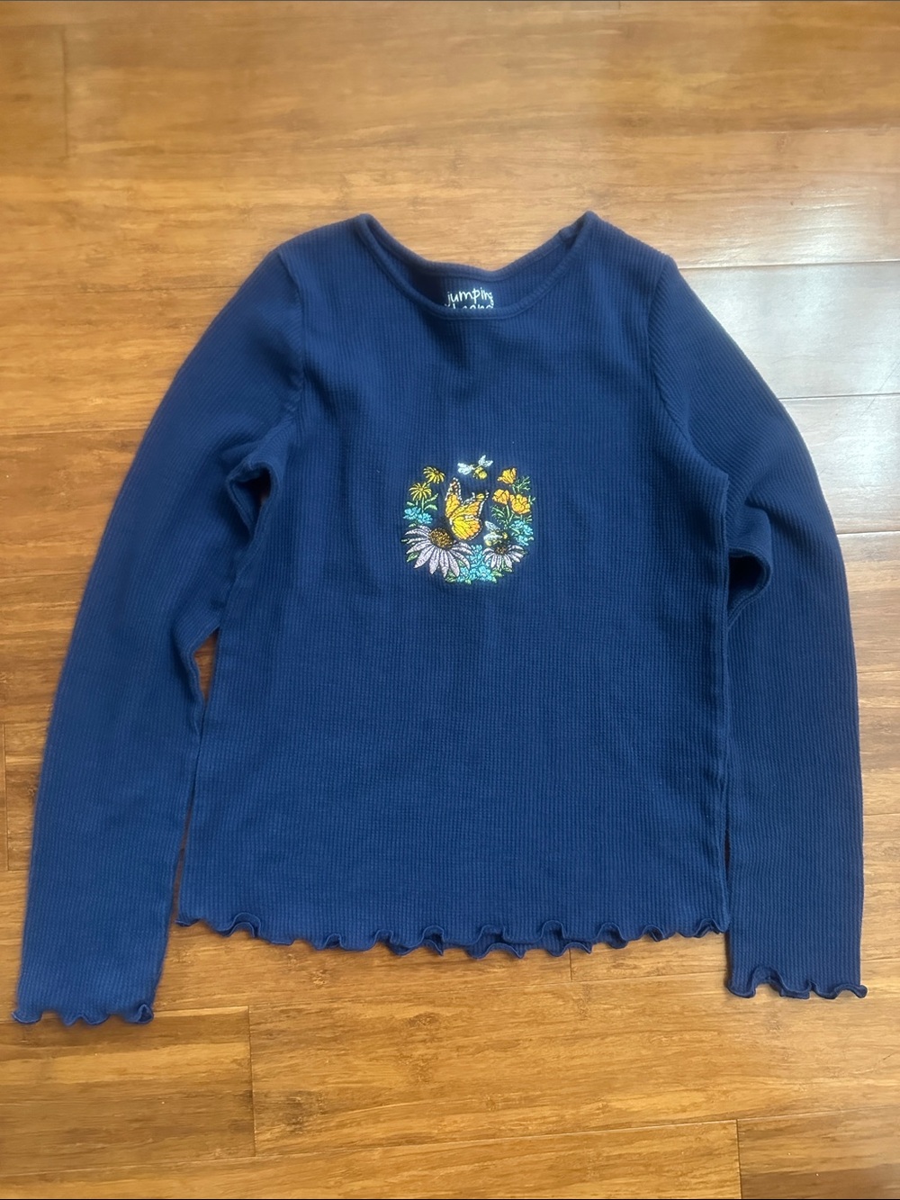 Jumping Beans Navy Long-Sleeve Ribbed Tee with Floral Embroidery